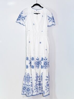 Anthropologie The Somerset Maxi Cotton Eyelet Lace Embroidered White Blue Dress
